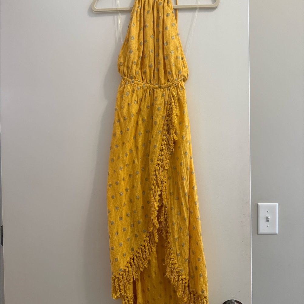 Yellow Halter Maxi Dress with Fringe and beading